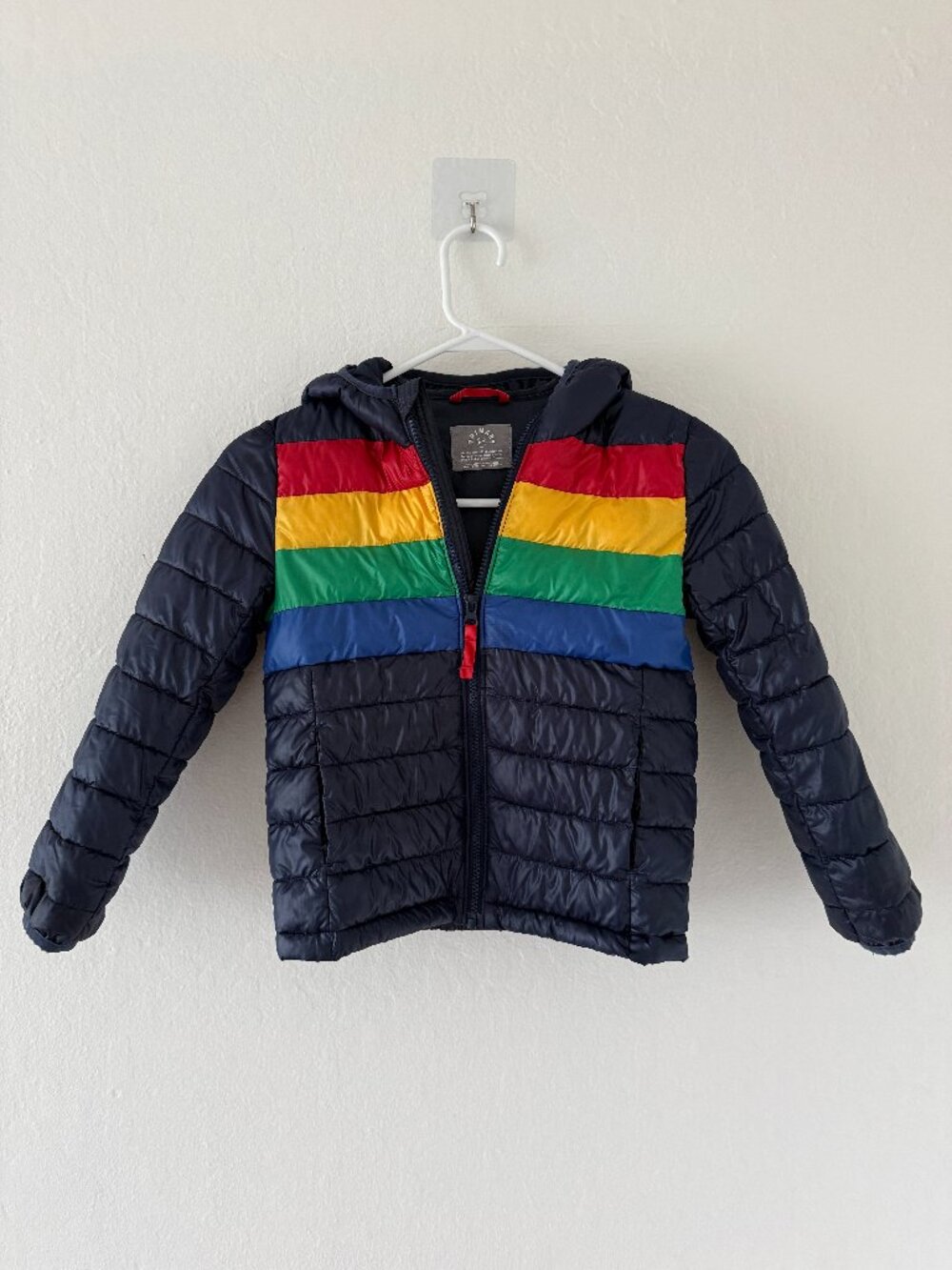 Primary Kids Puffer Jacket - Navy with Rainbow Stripes